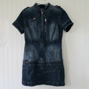 Vintage Bebe Brand Y2K Denim Dress 1990s Short Zip Up Mini Size Medium